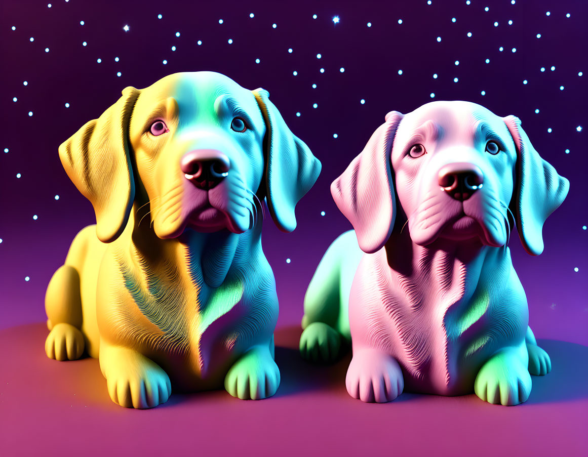 Colorful 3D-rendered puppies on purple starry backdrop