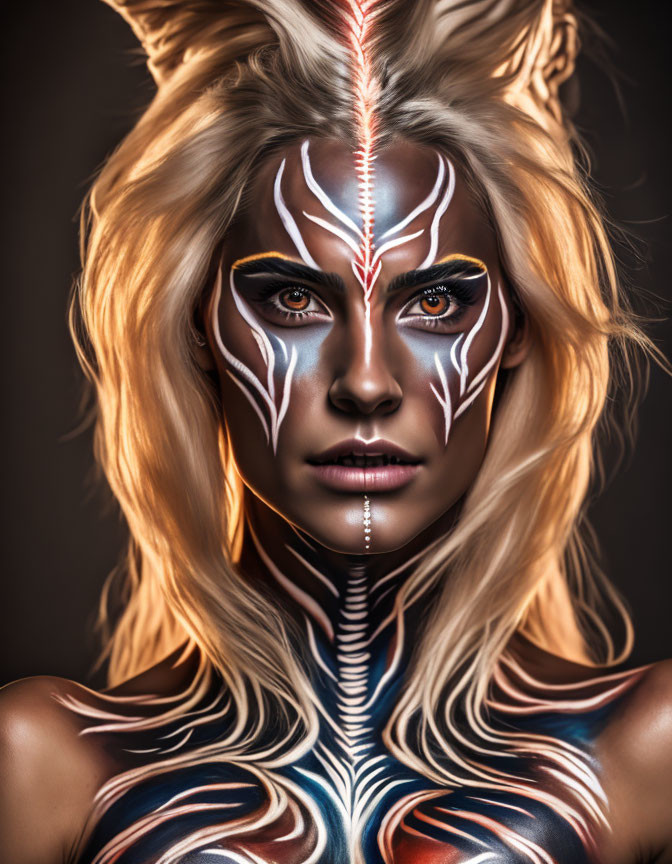 Person with tribal-inspired makeup and body paint in white and red, fierce expression and blonde hair.