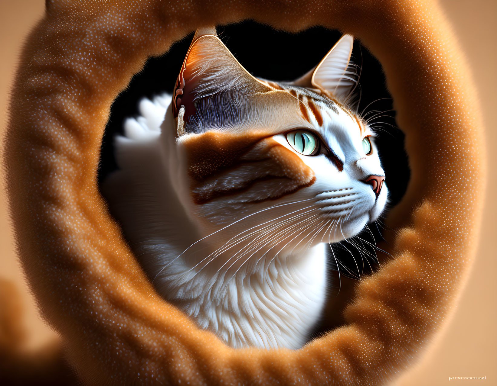 Orange and White Cat with Green Eyes and Curled Tail