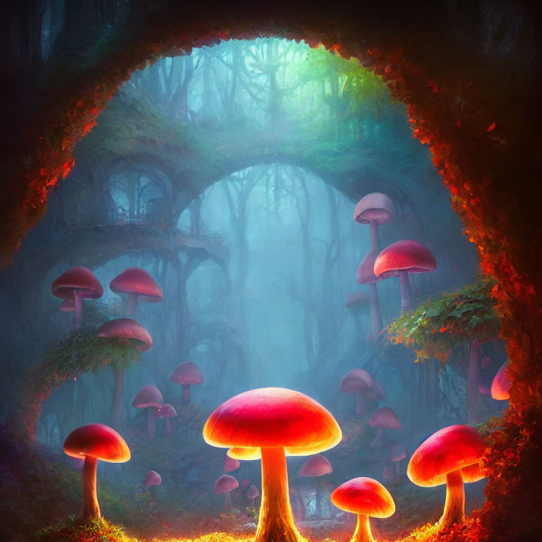 Enchanted forest glade with glowing red mushrooms and ethereal blue light