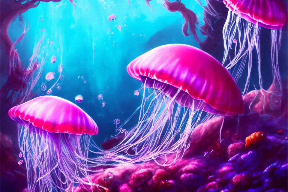 Colorful underwater scene with pink jellyfish, bubbles, and coral formations