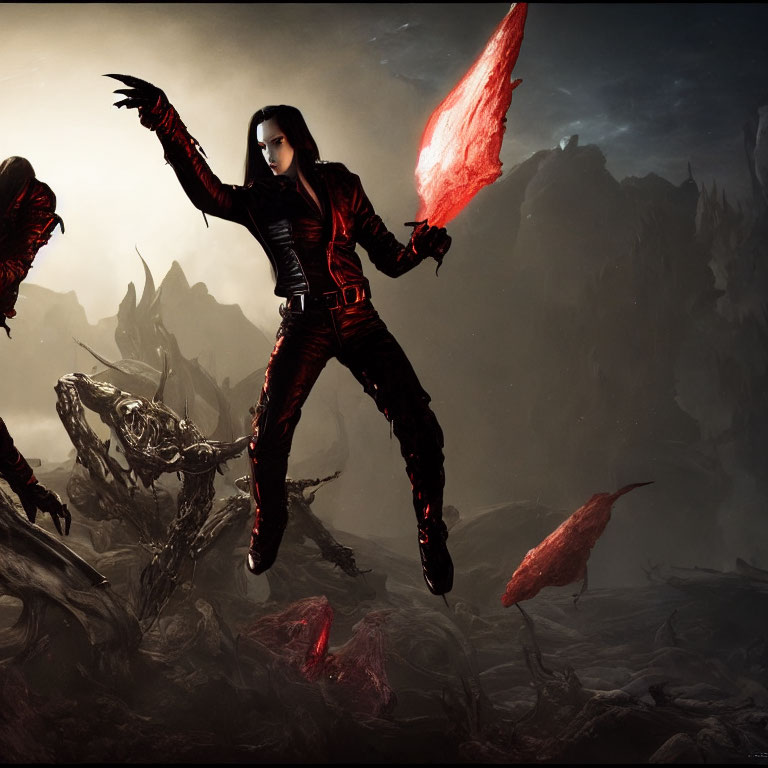 Gothic female character levitates with red sword in sinister landscape