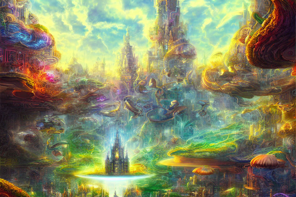 Colorful fantasy cityscape with glowing buildings and floating structures