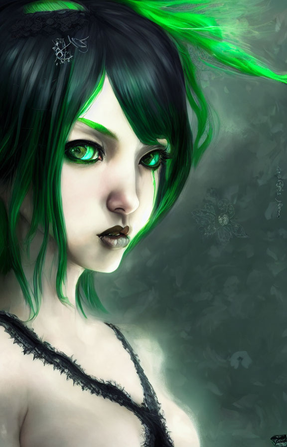 Digital artwork: Woman with green eyes, black and green hair, dark outfit, intense gaze, mist