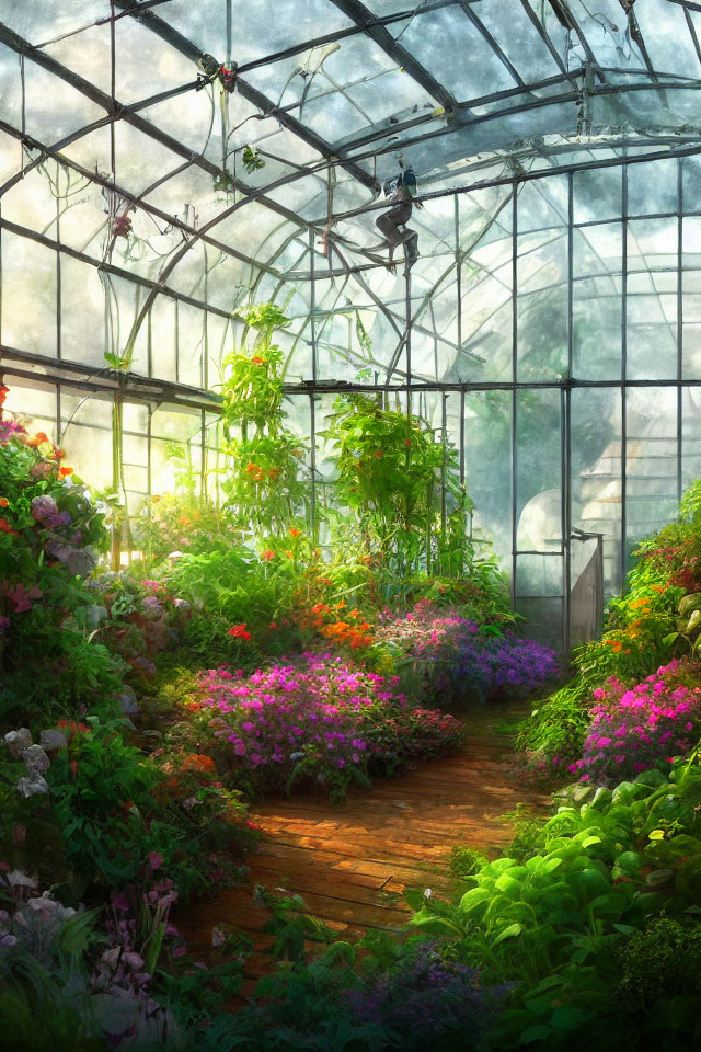 Vibrant flowers and plants in lush greenhouse with glass ceiling.