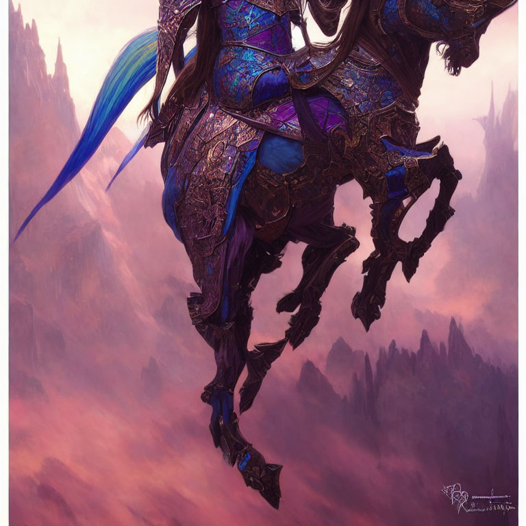 Blue-maned armored horse galloping in misty mountain landscape