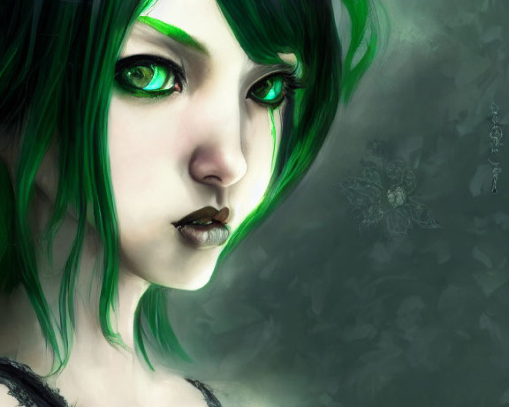 Digital artwork: Woman with green eyes, black and green hair, dark outfit, intense gaze, mist