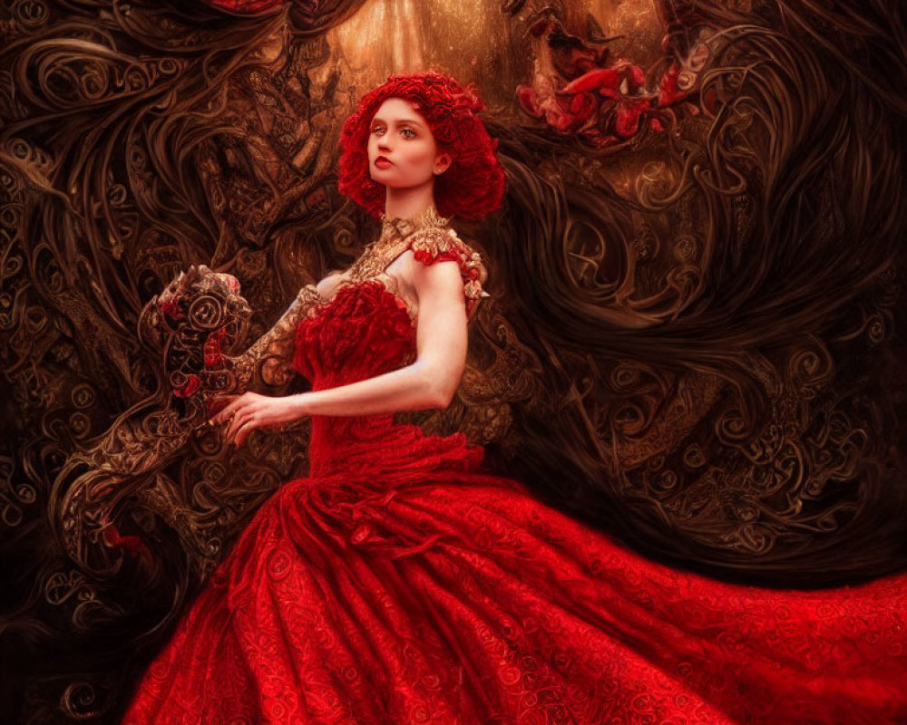 Woman in red gown surrounded by intricate patterns with mysterious object