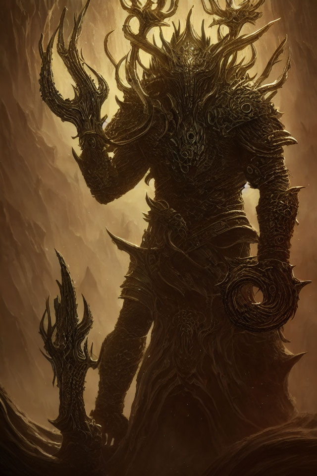 Towering armored figure with horns and staff in dark fantasy art