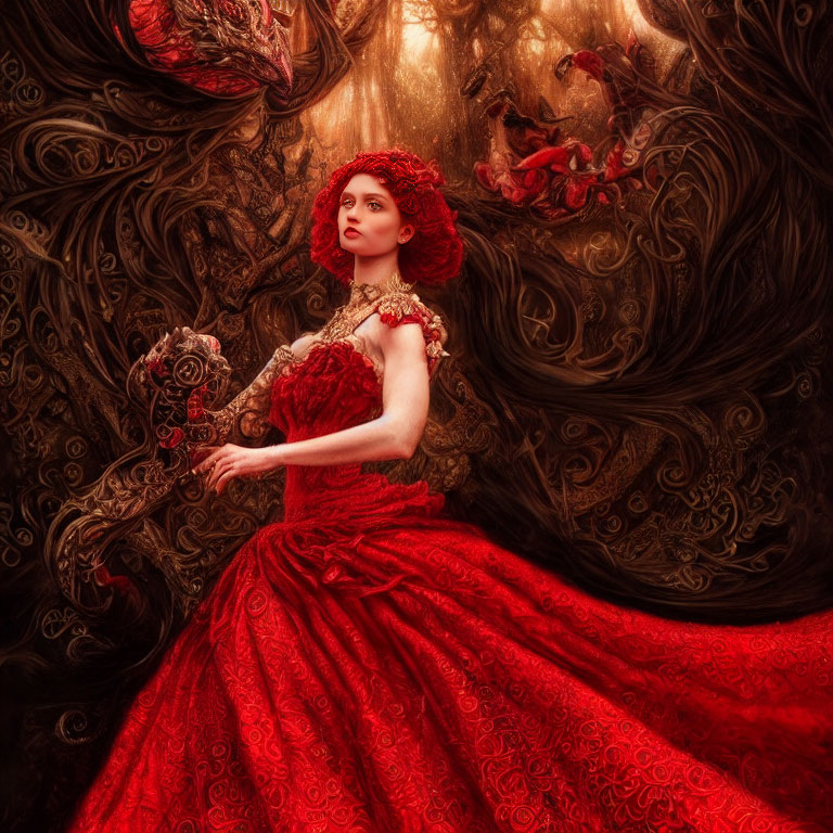 Woman in red gown surrounded by intricate patterns with mysterious object