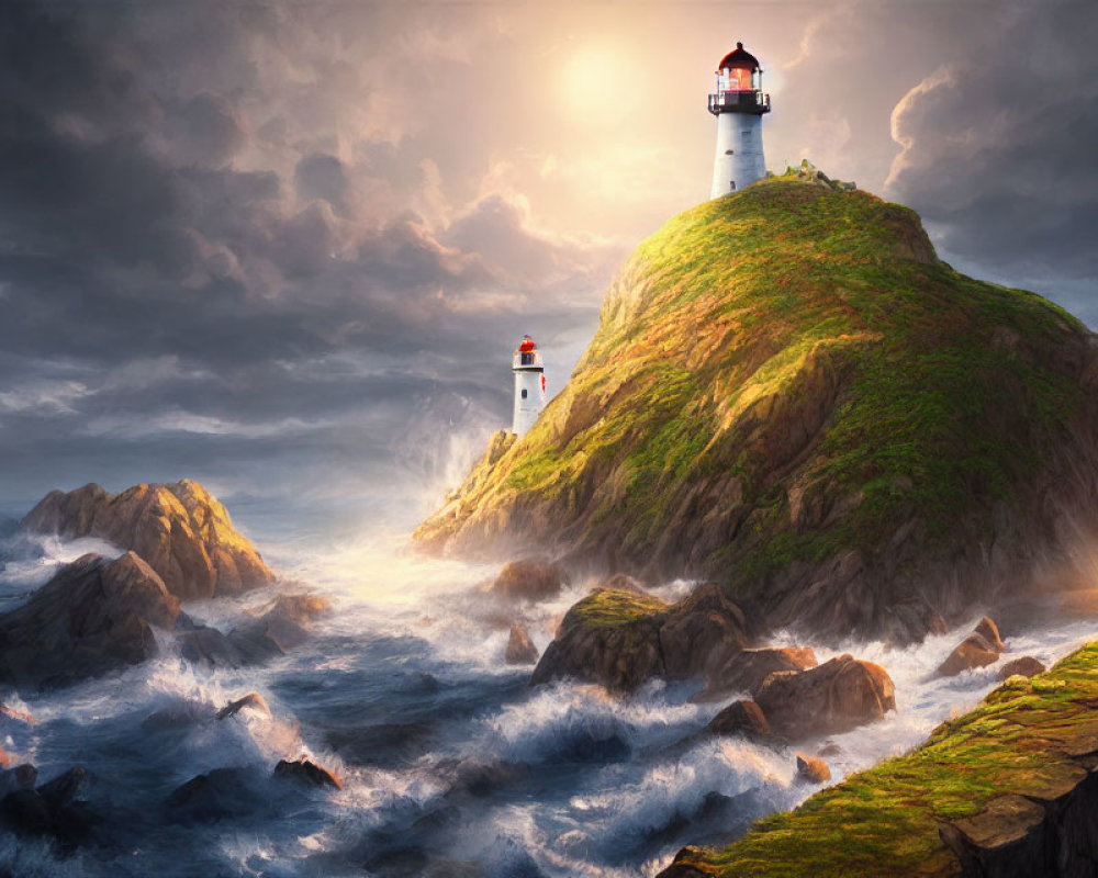 Dramatic seascape with lighthouse, person on cliff, and moody sky