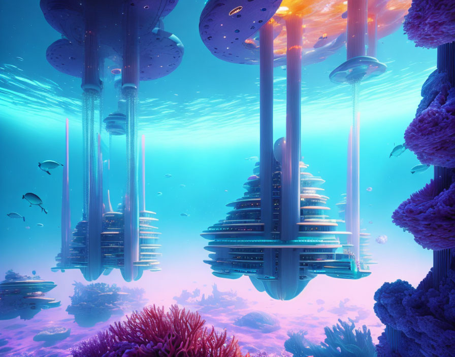 Vibrant underwater city with towering structures and schools of fish