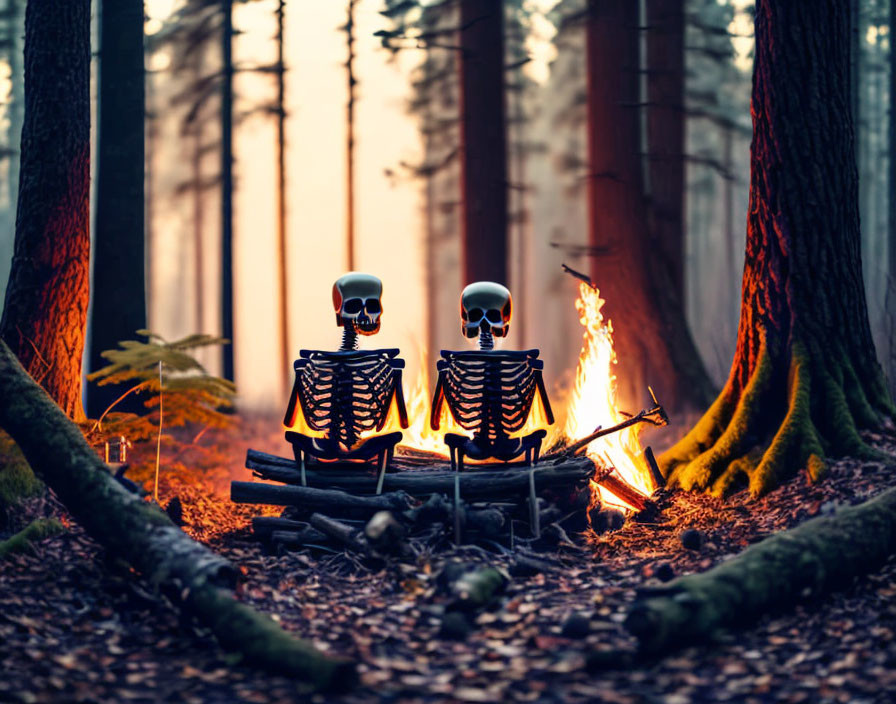 Skeleton Models Seated by Campfire in Forest at Dusk