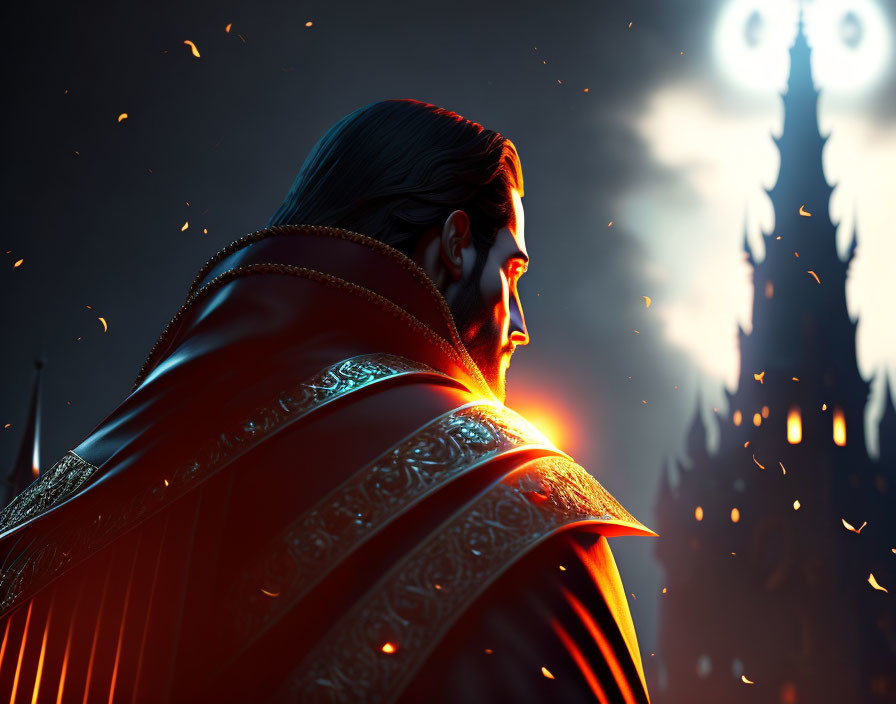 Digital Art: Man in Red Cape Gazing at Ominous Castle