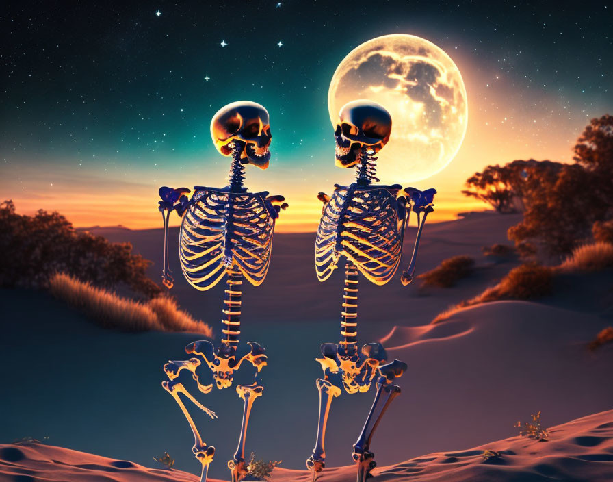 Two skeletons under full moon in desert night