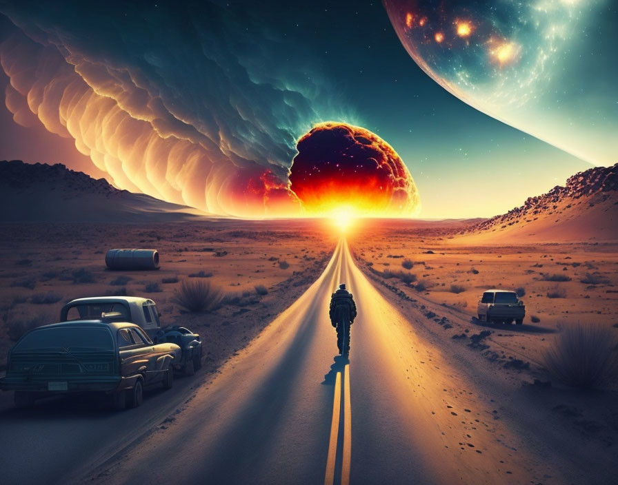 Motorcyclist on desert road with apocalyptic mushroom cloud and celestial body