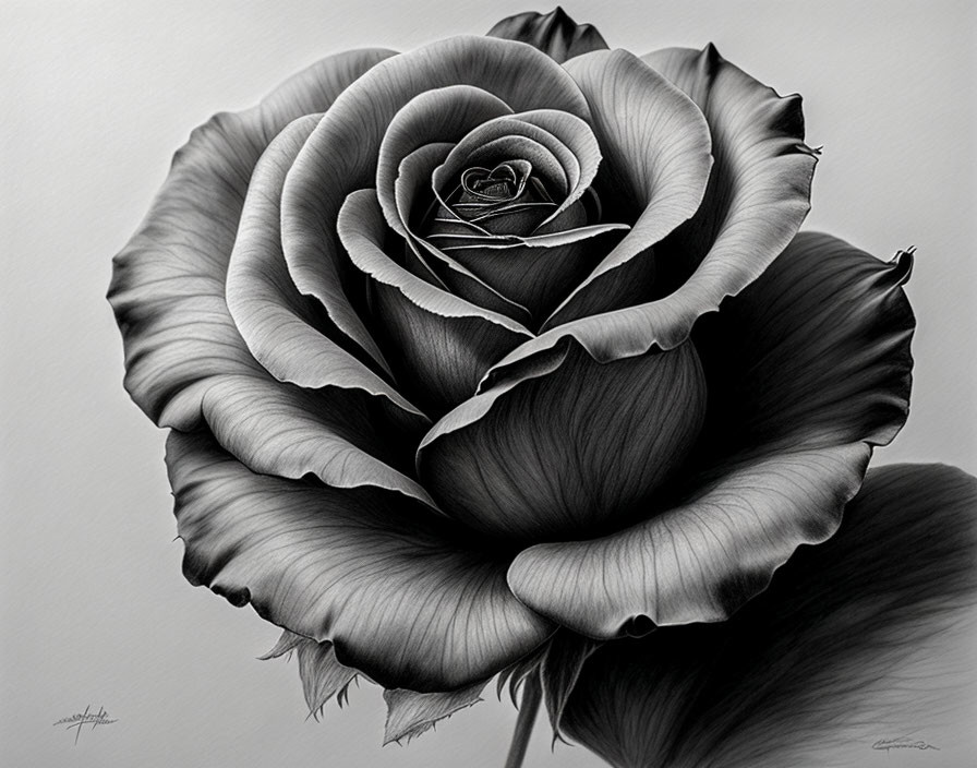 Detailed monochromatic rose drawing with realistic texture and shading