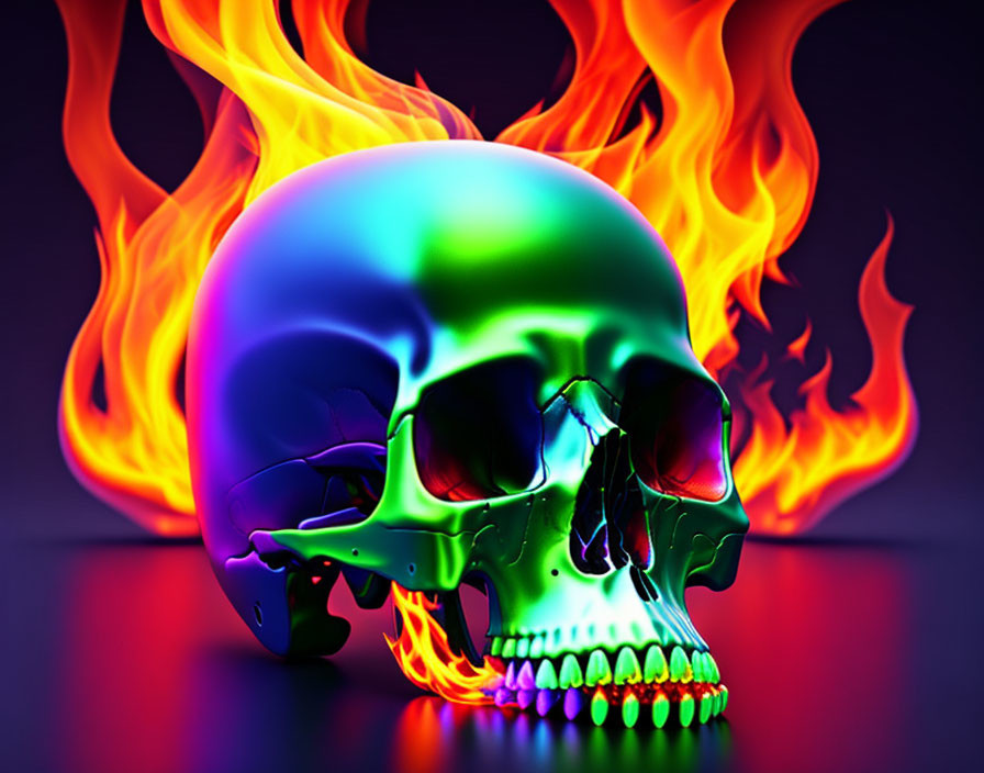 Colorful neon skull on dark background with vibrant flames