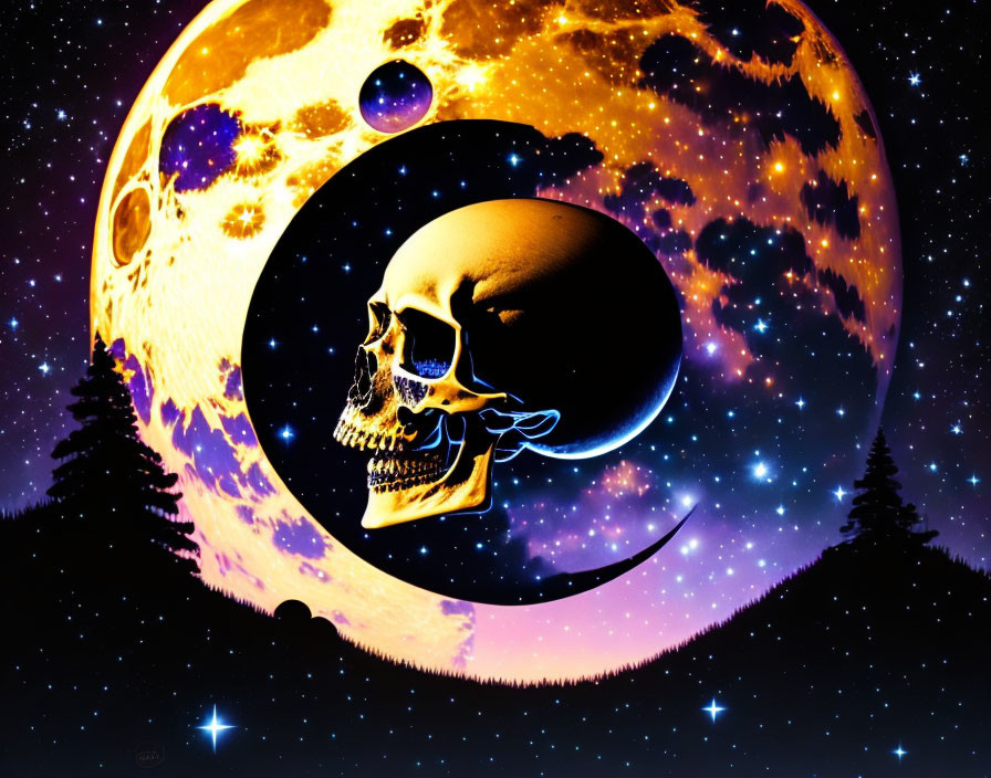 Surreal cosmic scene: skull over fiery planet, starry sky, pine trees