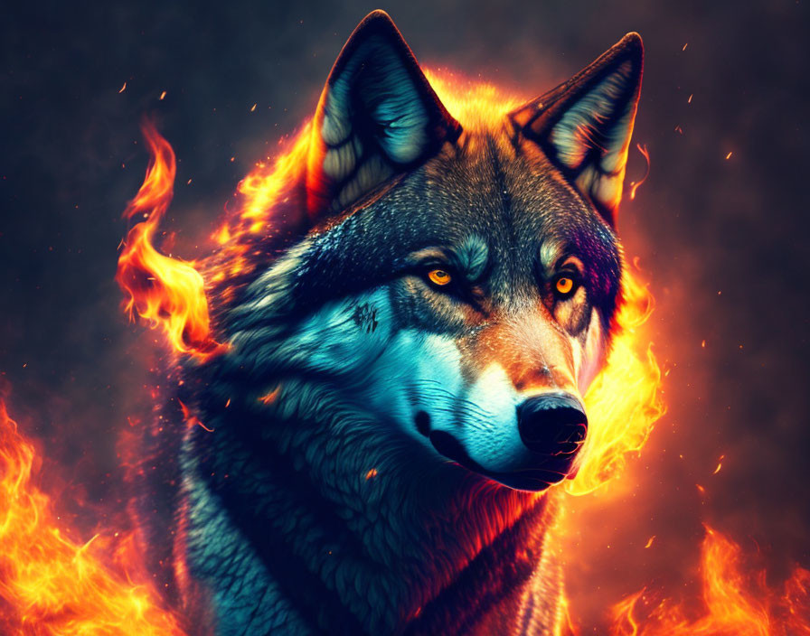 Realistic wolf digital art with fiery gaze on dark background