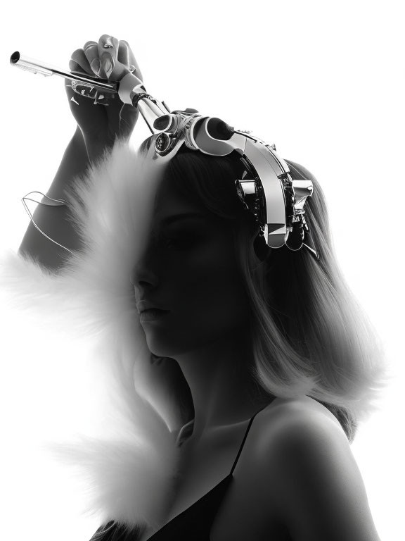 Silhouette of woman playing flute with striking backlight and halo effect