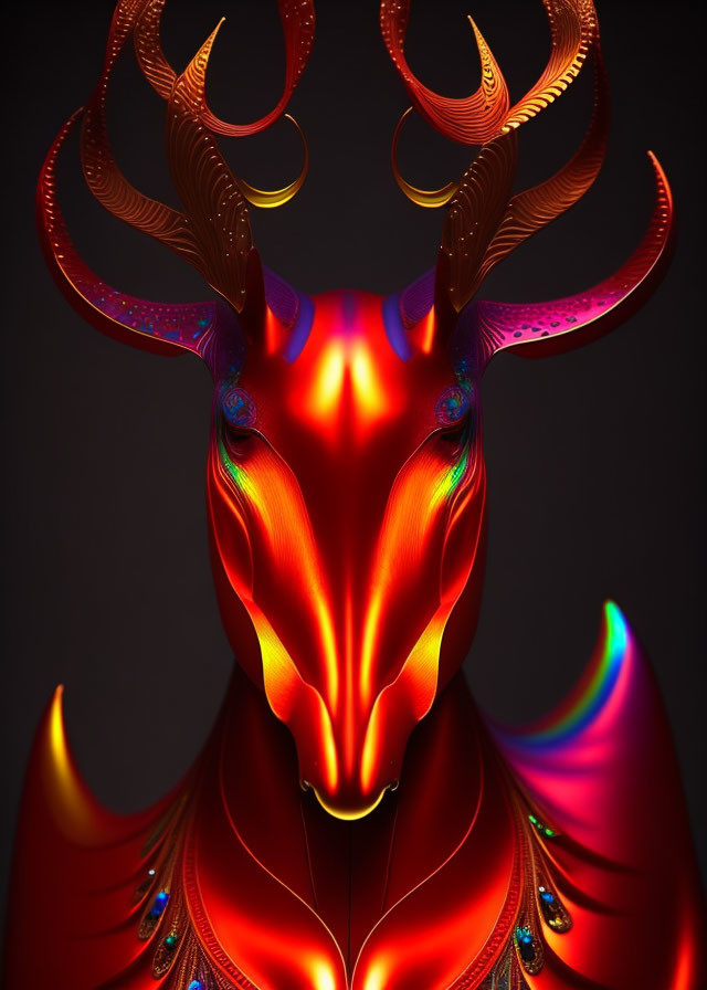 Colorful Stylized Deer Artwork with Elaborate Antlers on Dark Background
