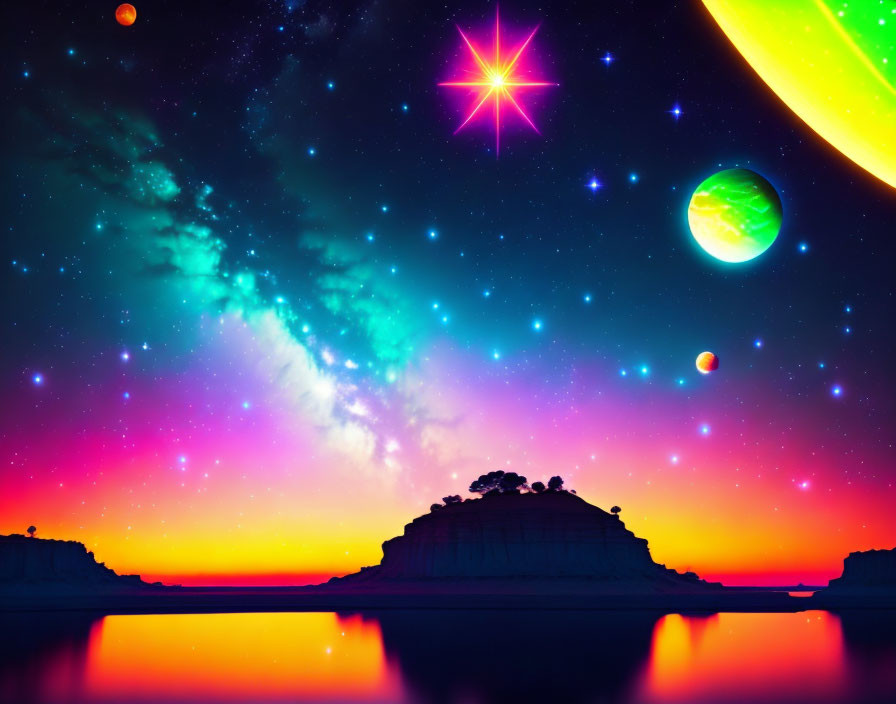 Fantasy landscape digital artwork with colorful skies & multiple planets