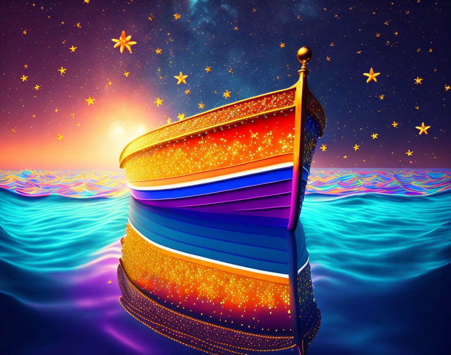 Colorful digital artwork: Boat sailing on serene ocean under starry night sky