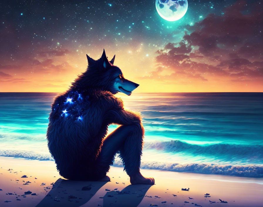 Starry wolf on beach under twilight sky with moon and ocean waves