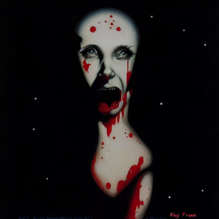 Surreal portrait of pale face with red splatter on black background