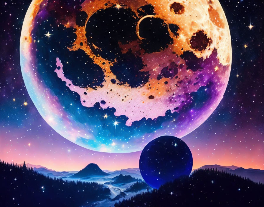 Surreal landscape with oversized celestial bodies in vibrant digital artwork