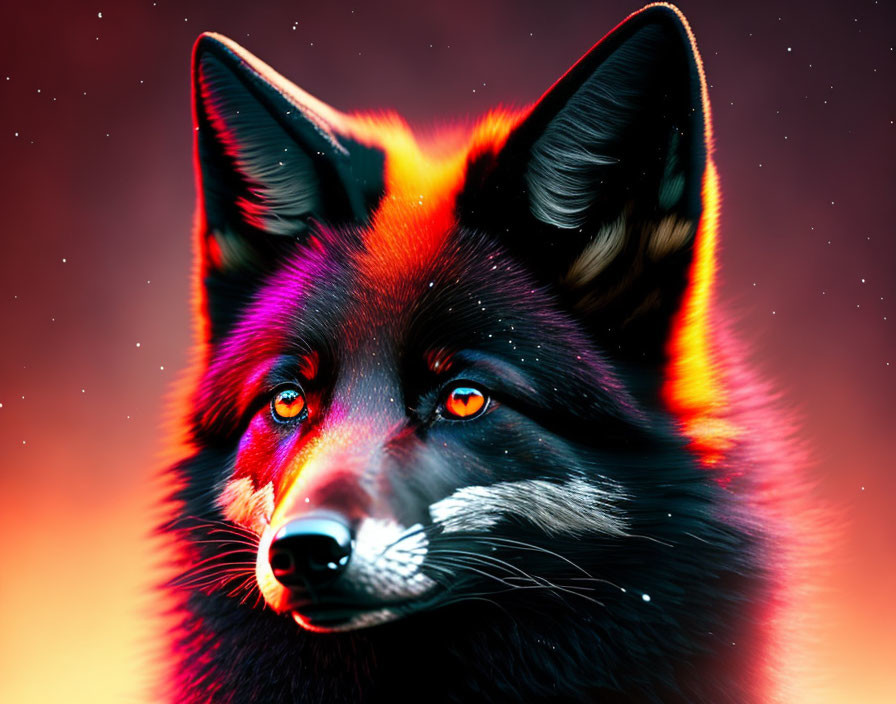 Colorful Digital Art: Fox in Neon Blue, Red, and Orange Hues