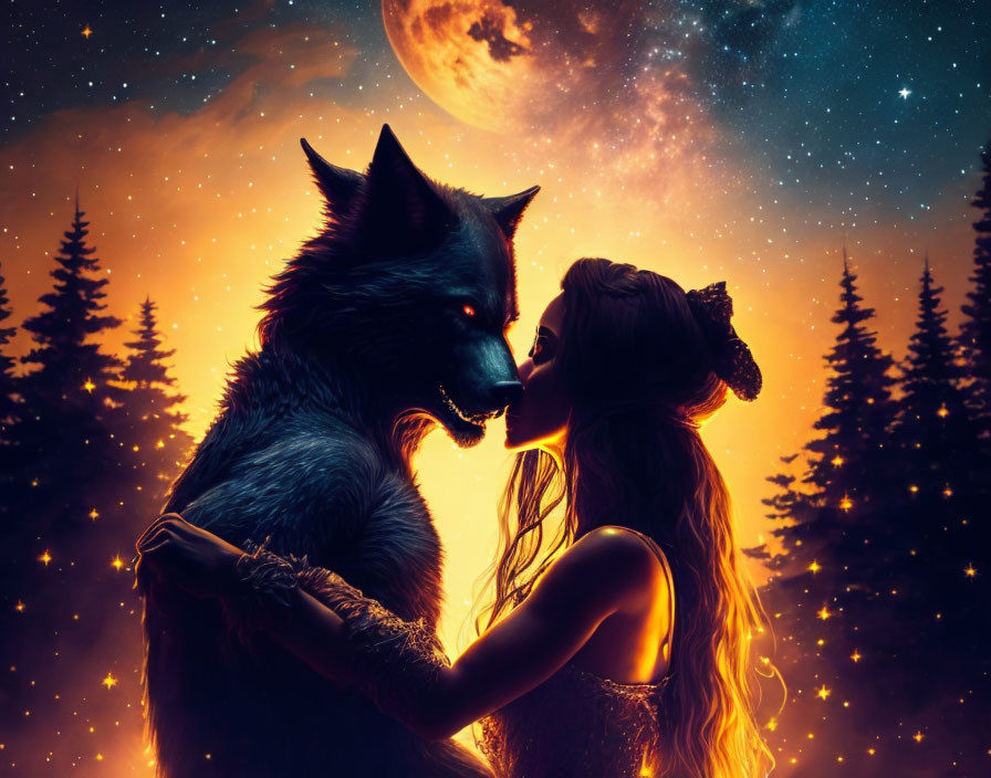 Woman and large wolf under starry sky with full moon and pine tree silhouettes