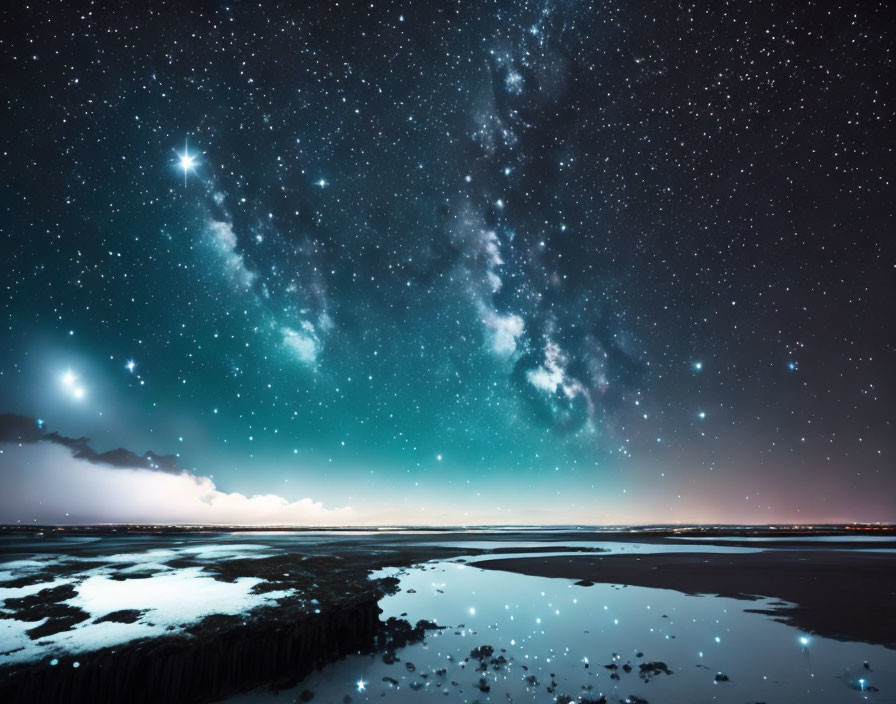 Tranquil landscape with starry night sky and Milky Way.