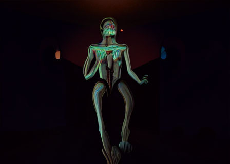 Glowing skeleton in dark room with red light from eye socket