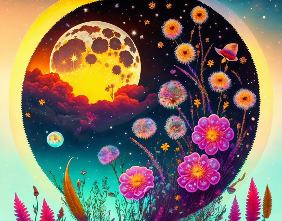 Colorful digital artwork featuring a large moon, vibrant flora, and cosmic background