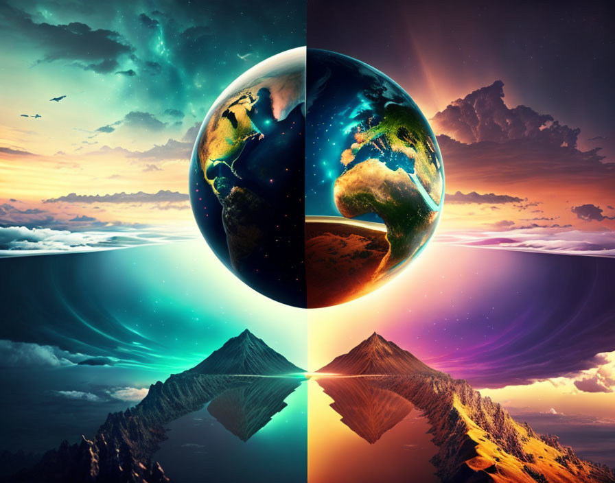 Four Vibrant Landscape Collage with Oversized Planets and Surreal Skies