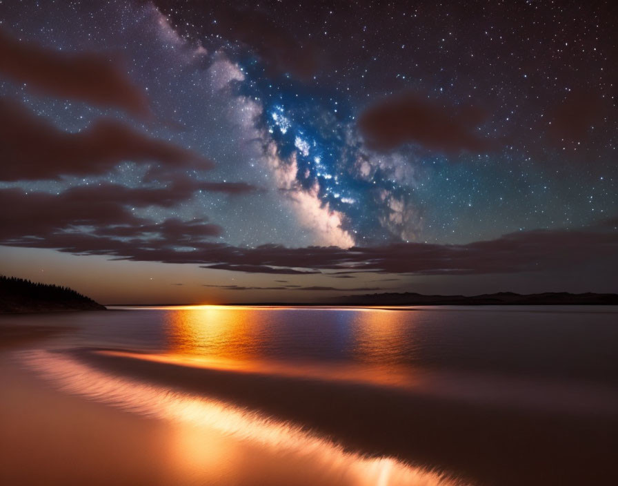 Tranquil nightscape: starry sky over calm lake, reflecting warm golden light.