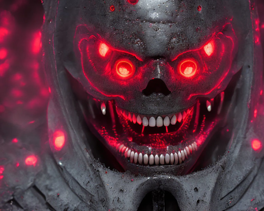 Menacing robot with skull-like face and glowing red eyes