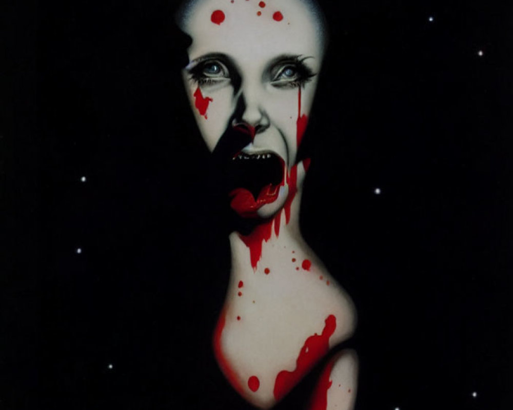 Surreal portrait of pale face with red splatter on black background