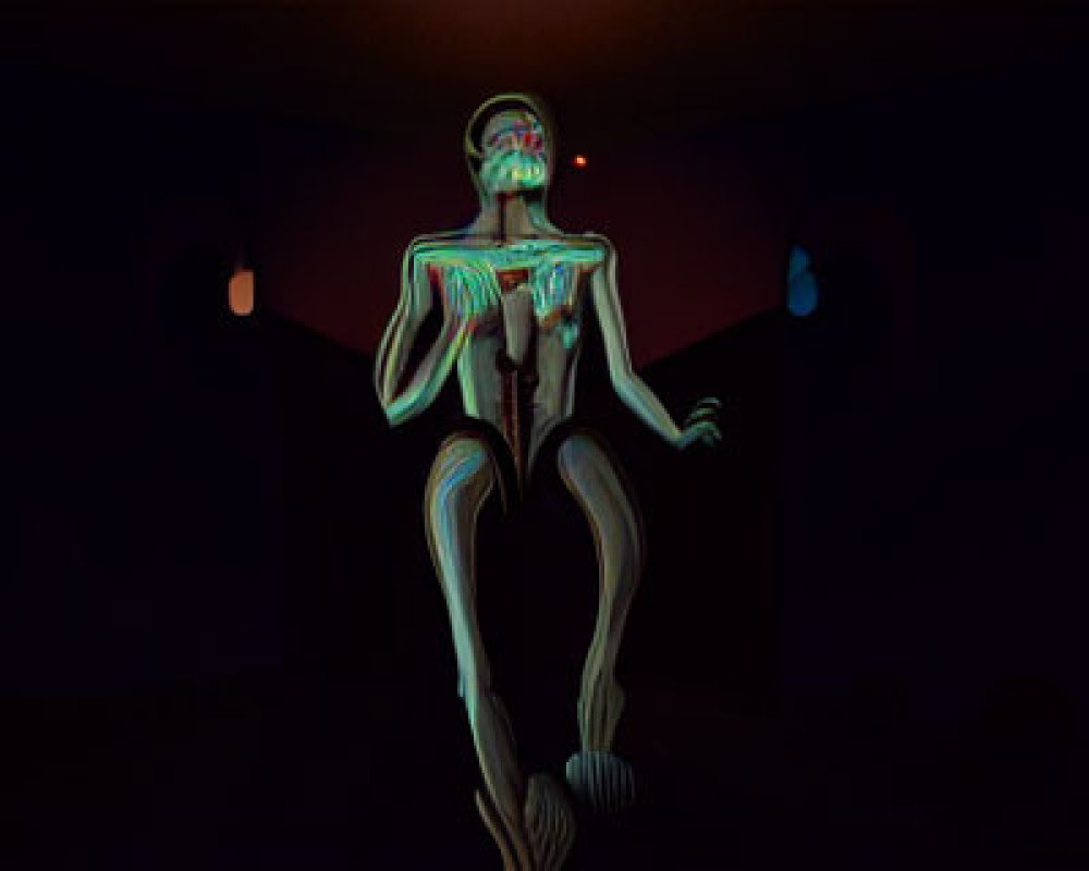 Glowing skeleton in dark room with red light from eye socket