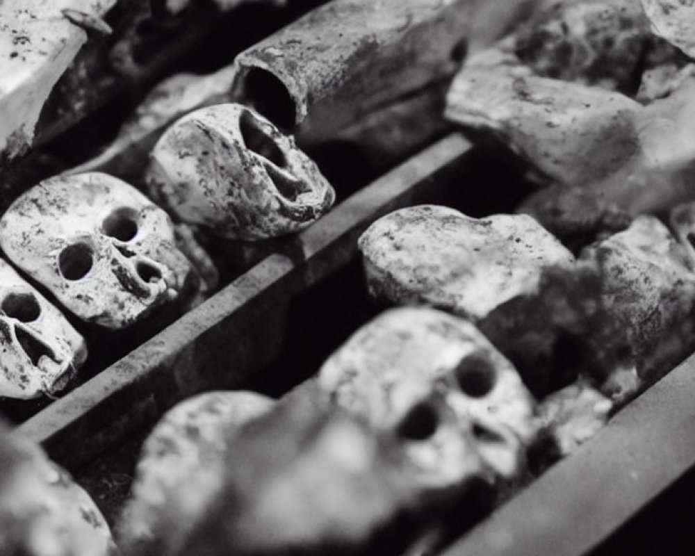 Monochrome close-up of decorative aligned skulls