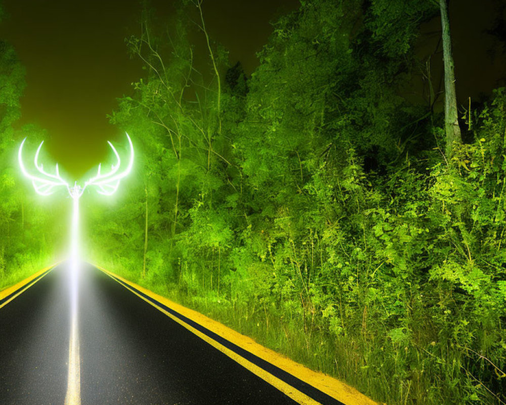 Deserted Night Road with Eerie Green Glow and Ghostly Stag Silhouette