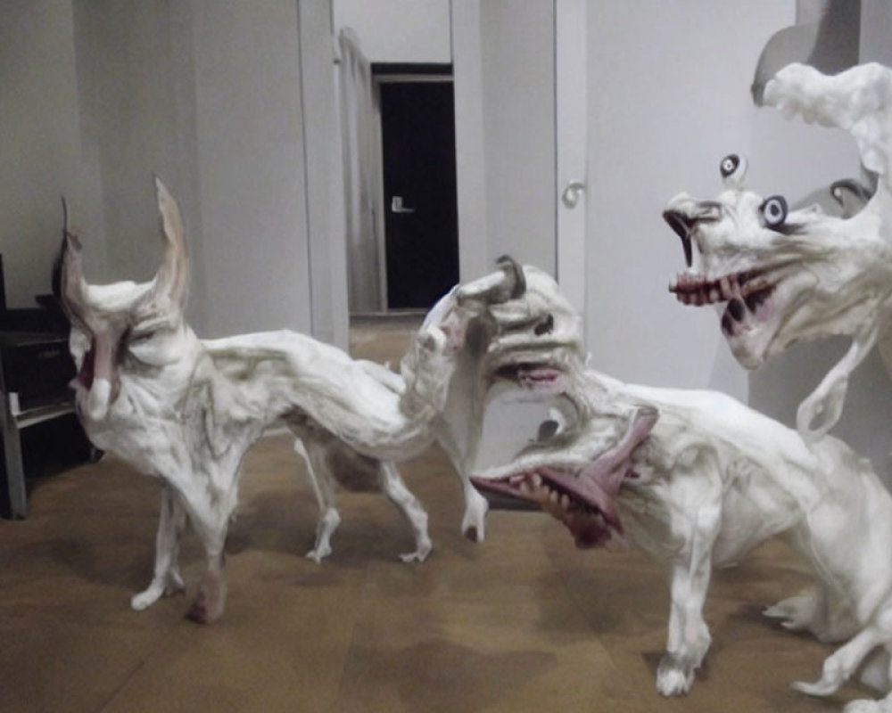 Multi-headed ghostly dog sculptures with exaggerated expressions and swirling forms in dimly lit room