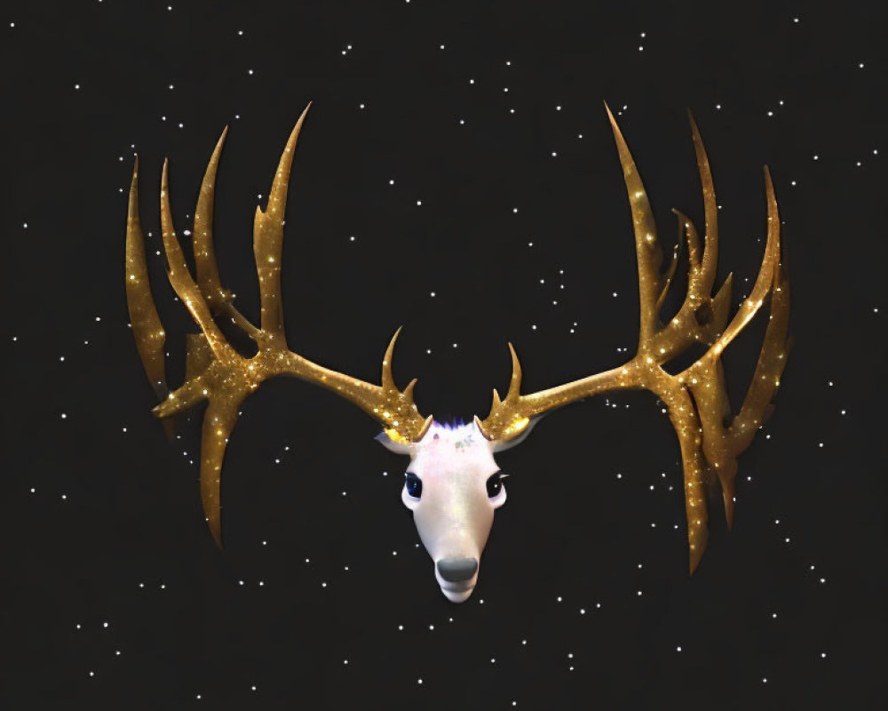 White deer head with golden antlers on starry night sky.