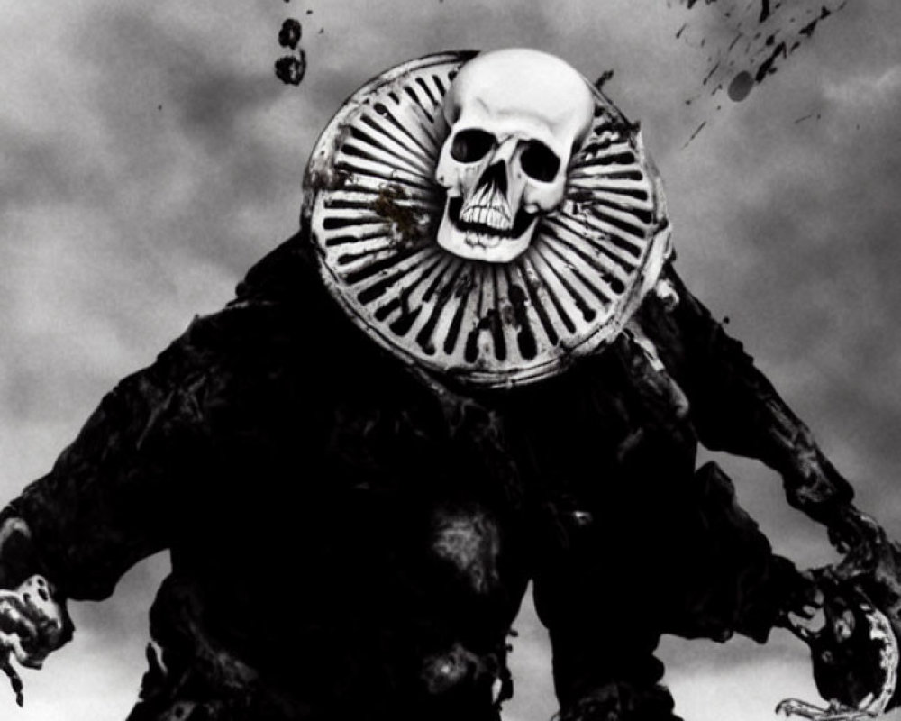 Monochrome image of skull-headed figure with ribbed collar and chains