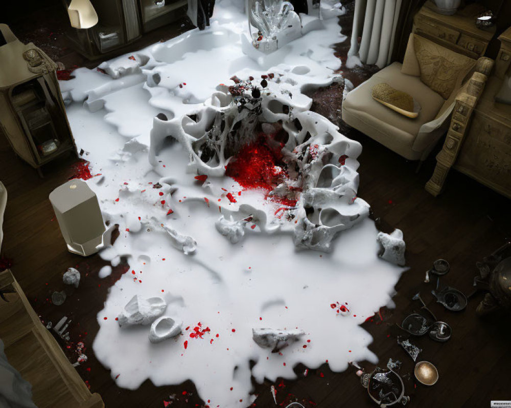 Elegant Furniture Mixed with Chaotic White Foam and Red Liquid