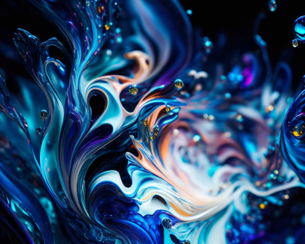 Abstract image: Blue and orange fluid shapes with glistening bubbles and swirls