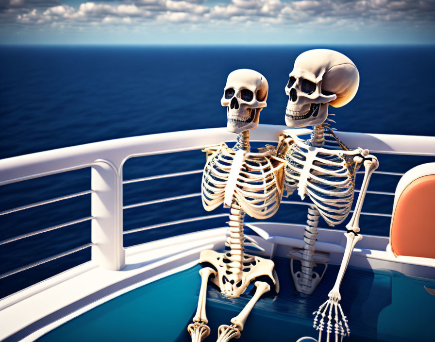 Skeletons sitting on cruise ship deck gazing at sea