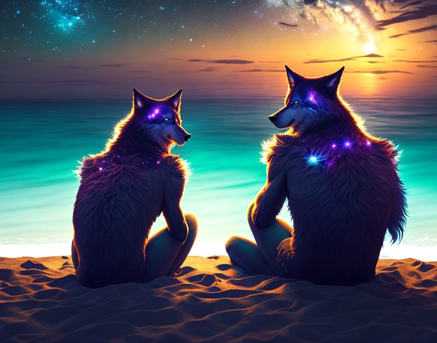 Luminescent wolves with starry fur on beach at twilight